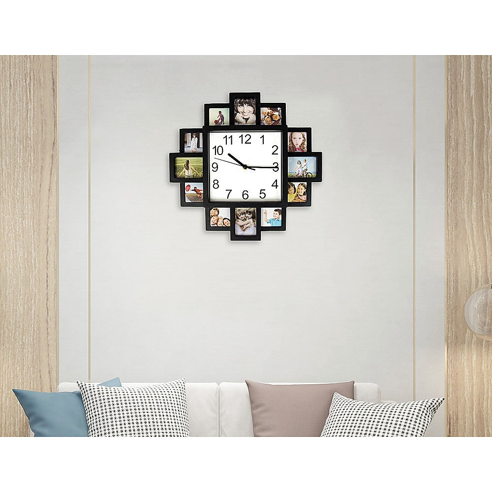 Vortaz Photo Collage Wall Clock Sunburst 12 Frame Black