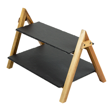 2-Tier Slate Cake Stand with Bamboo Frame Grey Serving Display