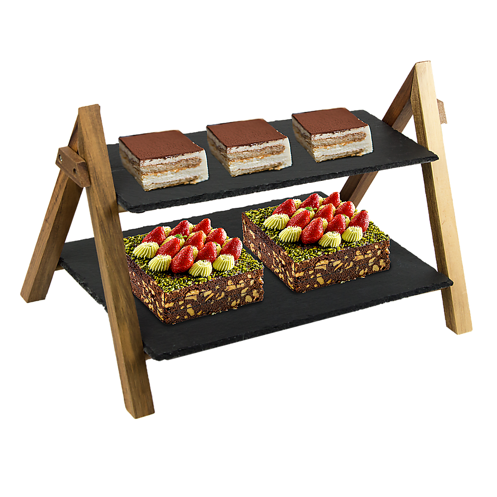 2-Tier Slate Cake Stand with Bamboo Frame Grey Serving Display