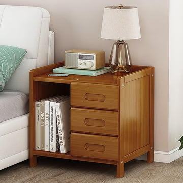 Bamboo Bedside Table Nightstand with Open Shelf 3 Drawers Dark Wood