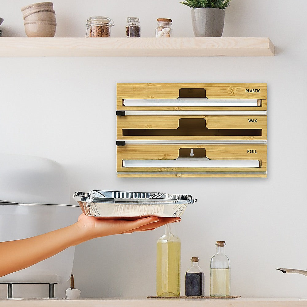 3-Tier Bamboo Food Wrap Dispenser with Sliding Cutter