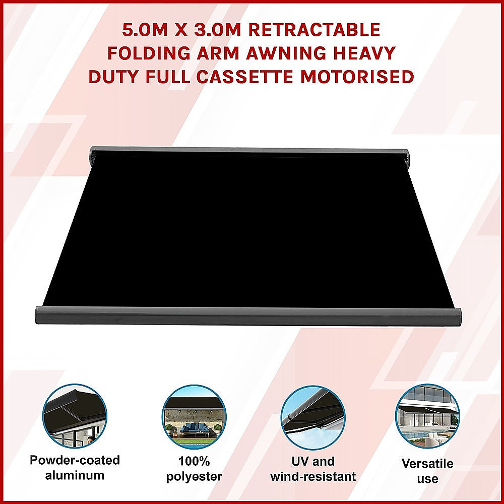 Bariloche Motorised Folding Arm Awning Heavy Duty Wind Resistant 5x3m Black