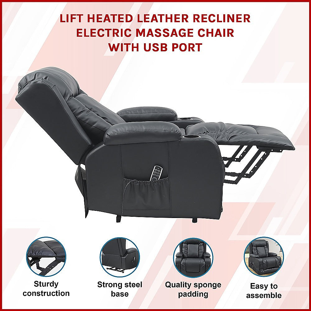 Palermo Motorised Lift Recliner Heated Massage Chair PU Leather Black