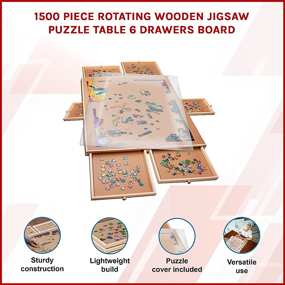 Rotating Wooden Jigsaw Puzzle Table with 6 Drawers 1500 Piece Capacity