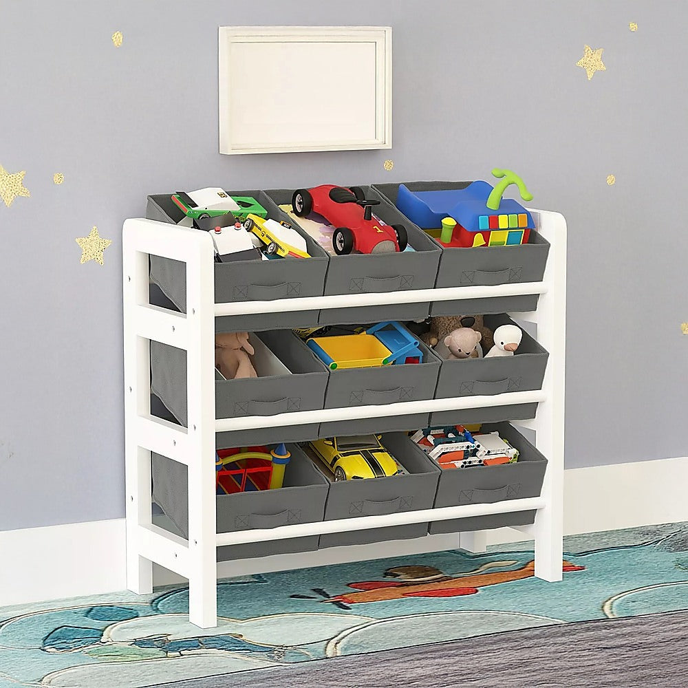 Kids 3 Tier Toy Storage Unit with Colourful Fabric Boxes