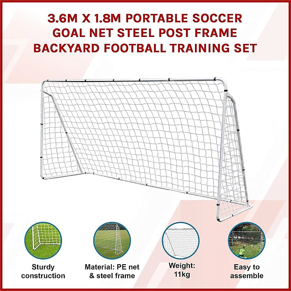 Portable Soccer Goal 3.6x1.8m Heavy-Duty Steel Frame White