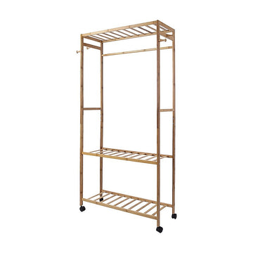 Bamboo Clothes Rail with Shelves Hooks and Wheels