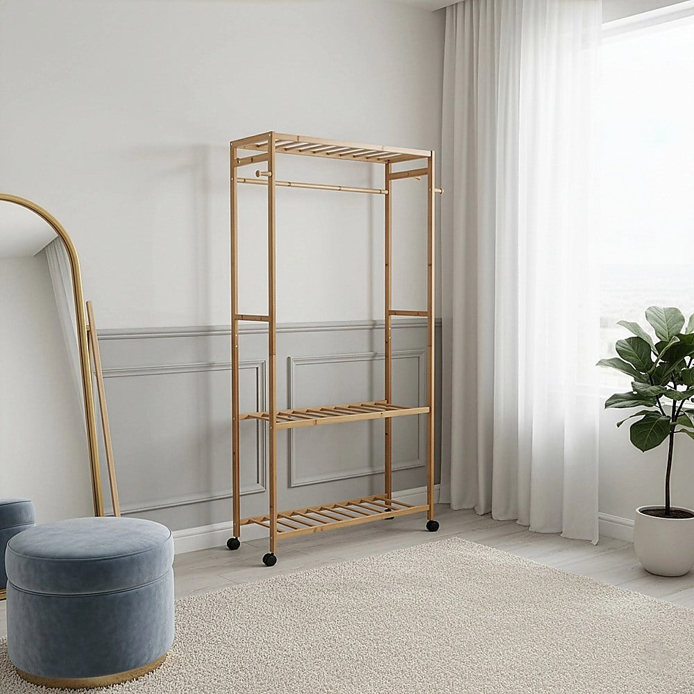 Bamboo Clothes Rail with Shelves Hooks and Wheels