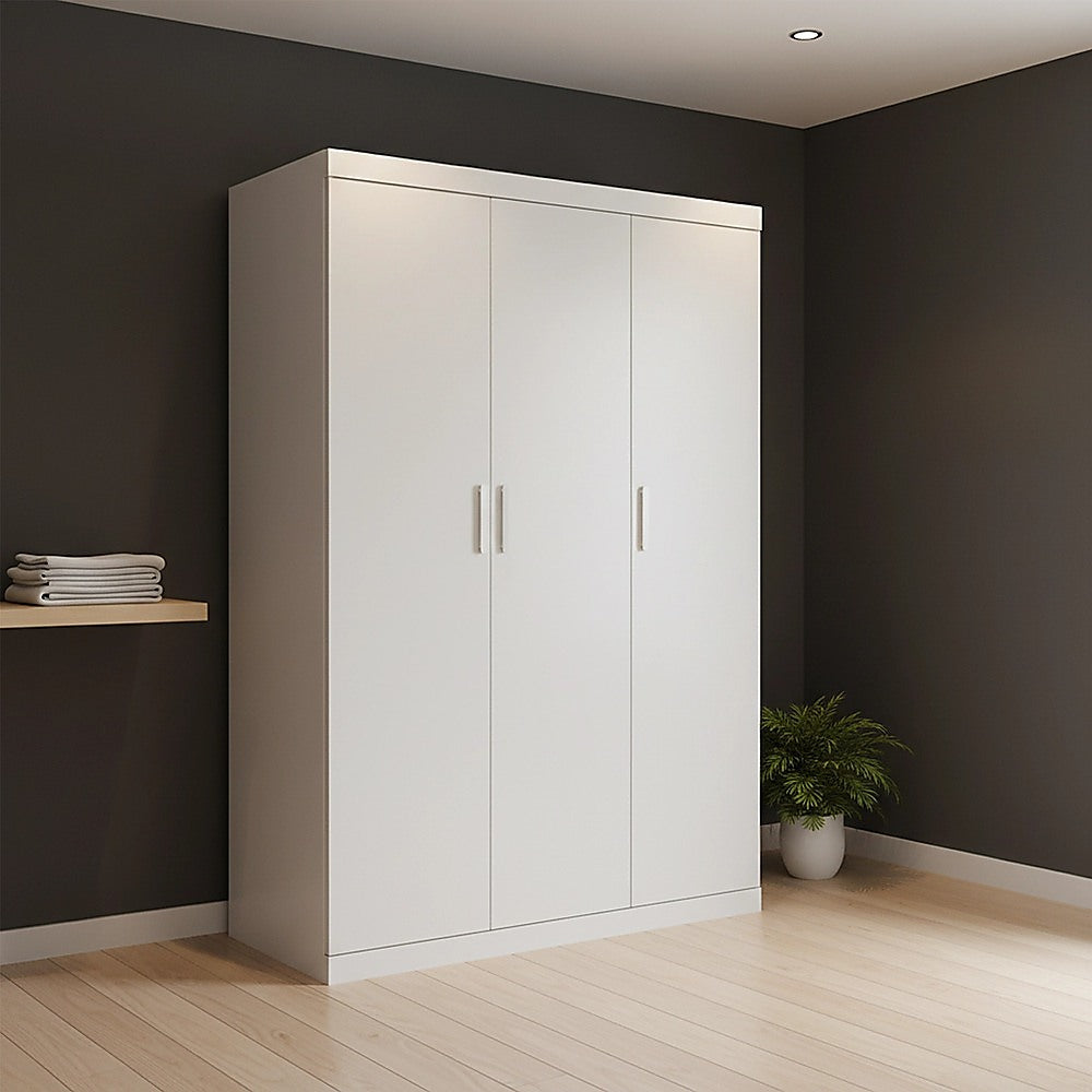 3 Door White Steel Wardrobe Cabinet with Hanging Rail and Shelves