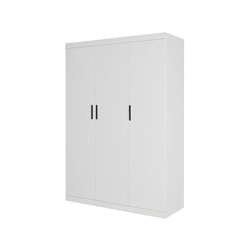 3 Door White Steel Wardrobe Cabinet with Hanging Rail and Black Handles