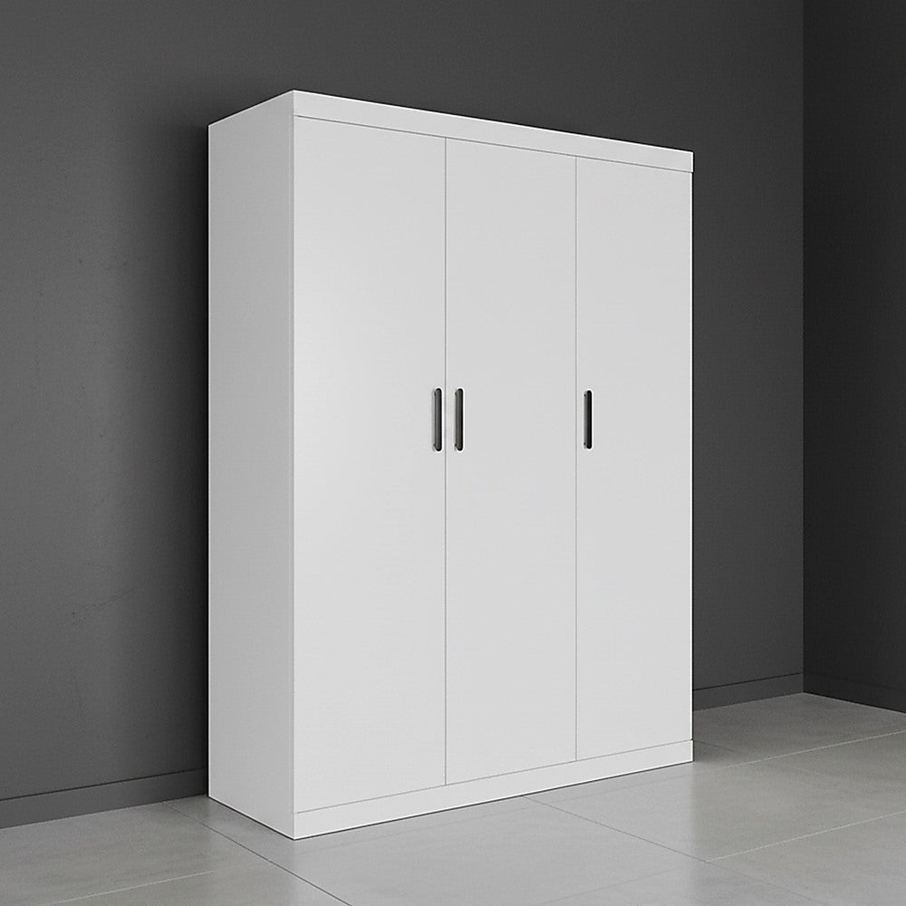 3 Door White Steel Wardrobe Cabinet with Hanging Rail and Black Handles