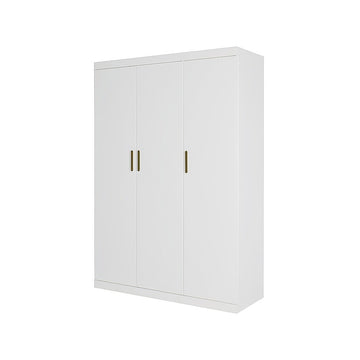 3 Door White Steel Wardrobe Cabinet with Hanging Rail and Gold Handles