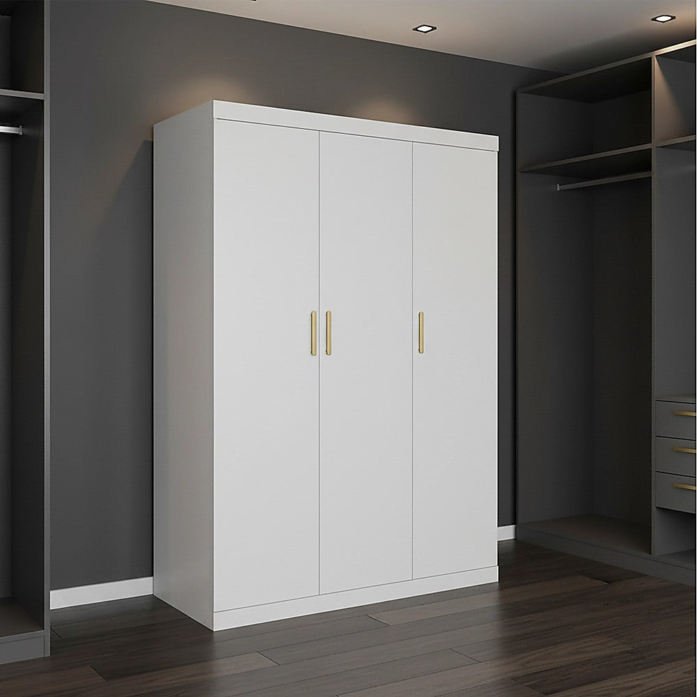 3 Door White Steel Wardrobe Cabinet with Hanging Rail and Gold Handles