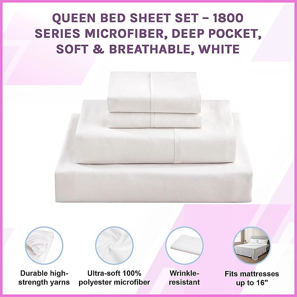 Queen 1800 Series Microfiber Bed Sheet Set Deep Pocket White