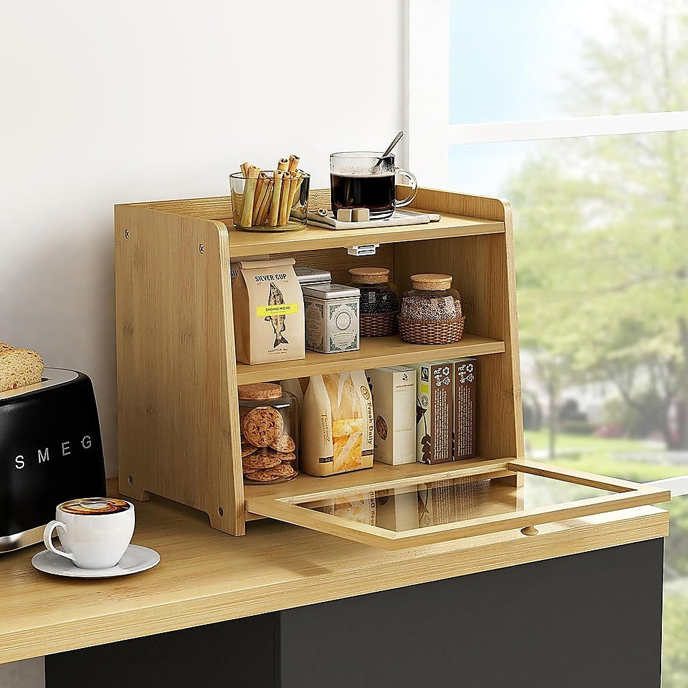 Bamboo Bread Box Countertop Storage Container with Acrylic Door 40cm