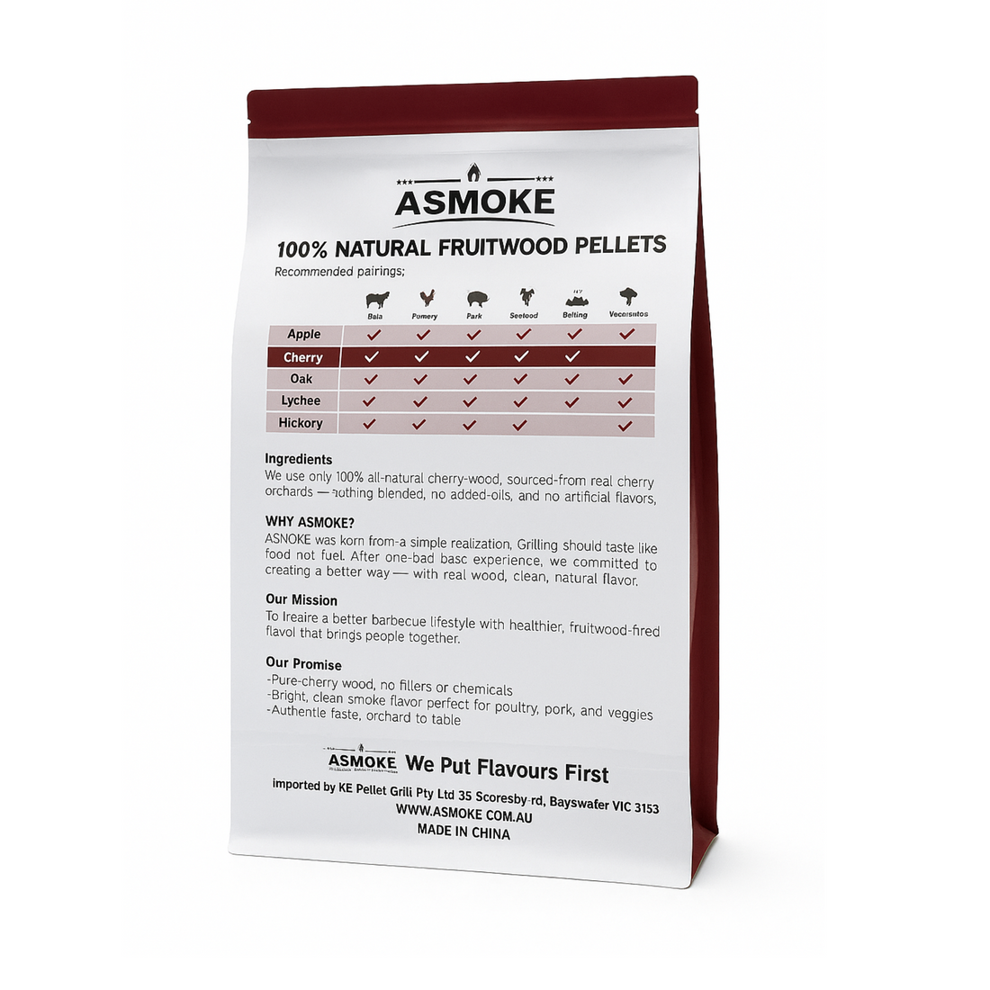ASMOKE Cherry Wood BBQ Pellets 9kg Rich Sweet Smoke for Brisket