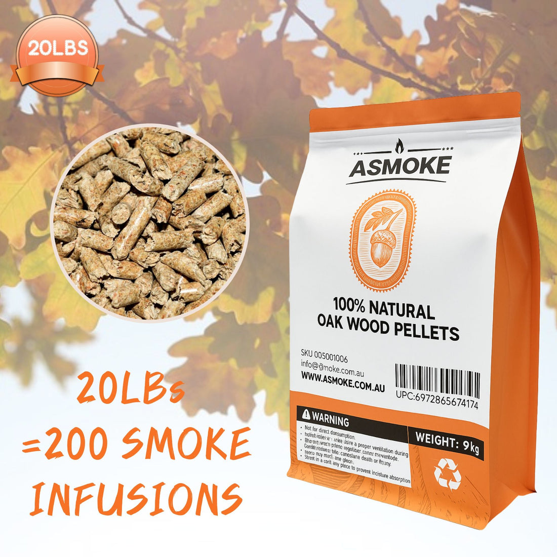 ASMOKE Premium Oak Wood BBQ Pellets 9kg High Heat Hardwood