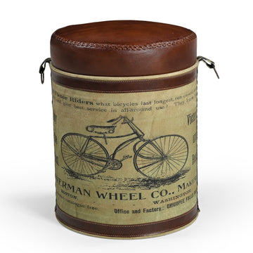 Vintage Cylindrical Bicycle Ottoman 1862 Goat Leather Canvas