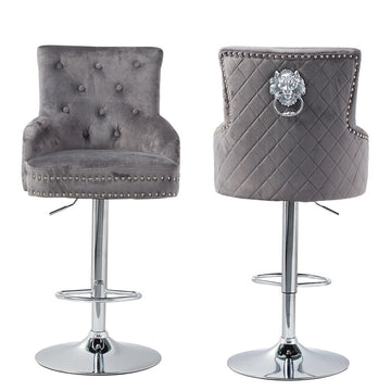 Swivel Bar Stool Grey Velvet Quilted with Footrest 127cm