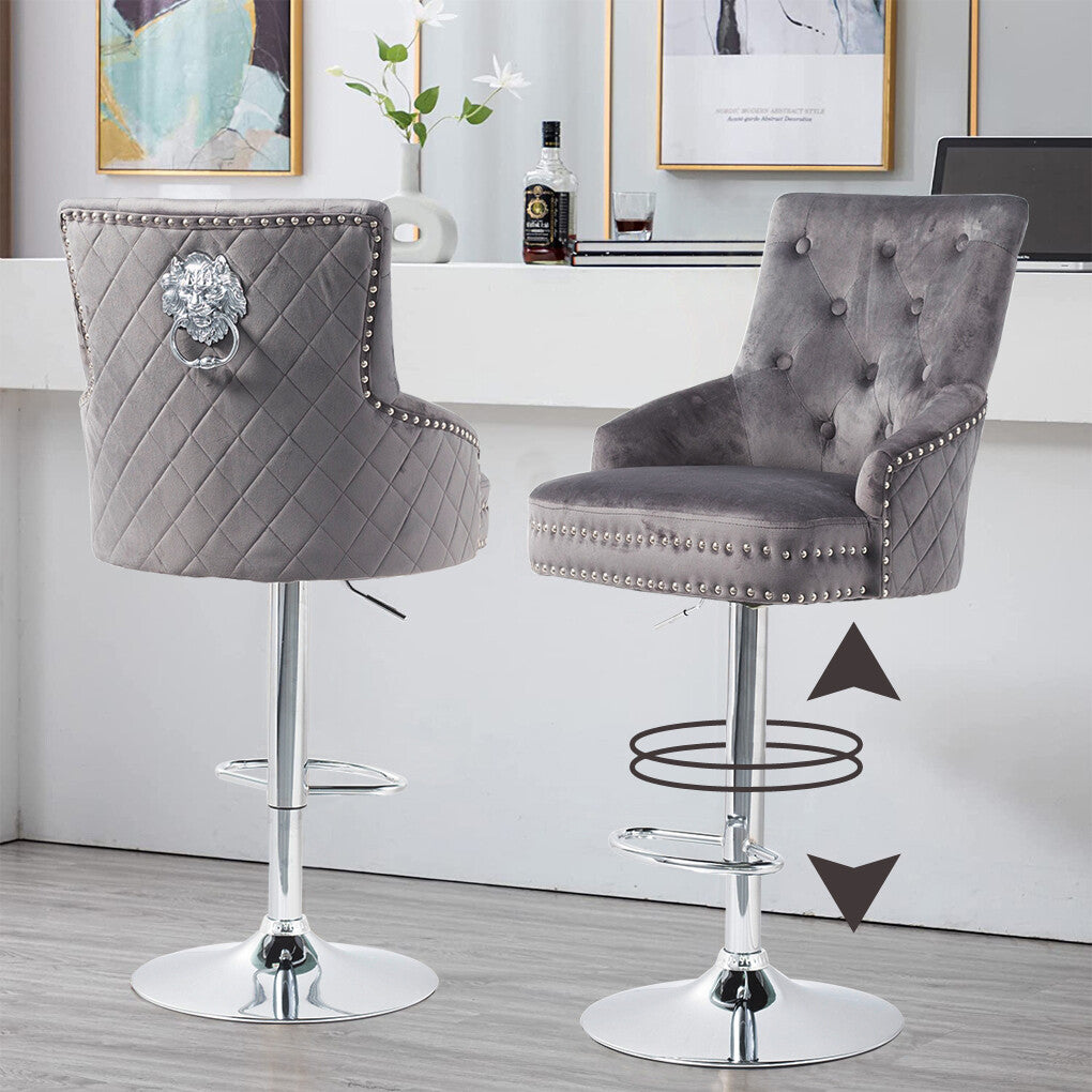 Swivel Bar Stool Grey Velvet Quilted with Footrest 127cm