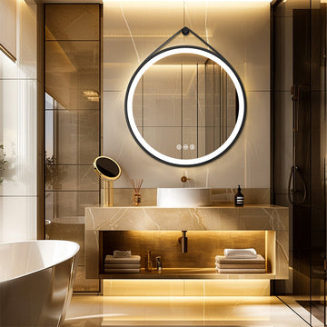 LUVODI Round LED Bathroom Mirror with Anti-Fog Leather Strap Black