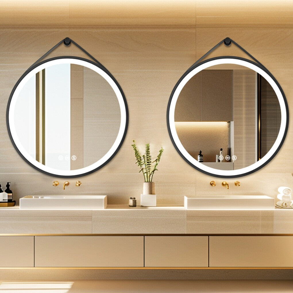 LUVODI Round LED Bathroom Mirror with Anti-Fog Leather Strap Black