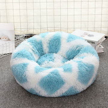 Vortaz Plush Round Dog Bed 50cm Blue White Non-Slip Base