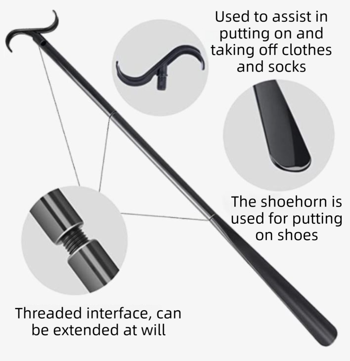Dressing Aid Stick with S-Hook and Shoe Horn 3-Section 62-88cm Black