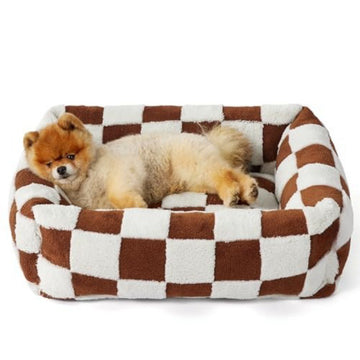 Plush Pet Bed 5 Bolsters Removable Cover Calming Dog Cat Brown Plaid 76x60cm