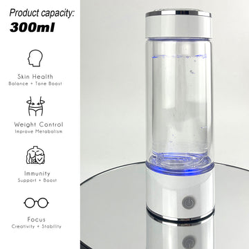 H2 Hydrogen Water Bottle 300ml Alkaline Ionizer Rechargeable Borosilicate Glass