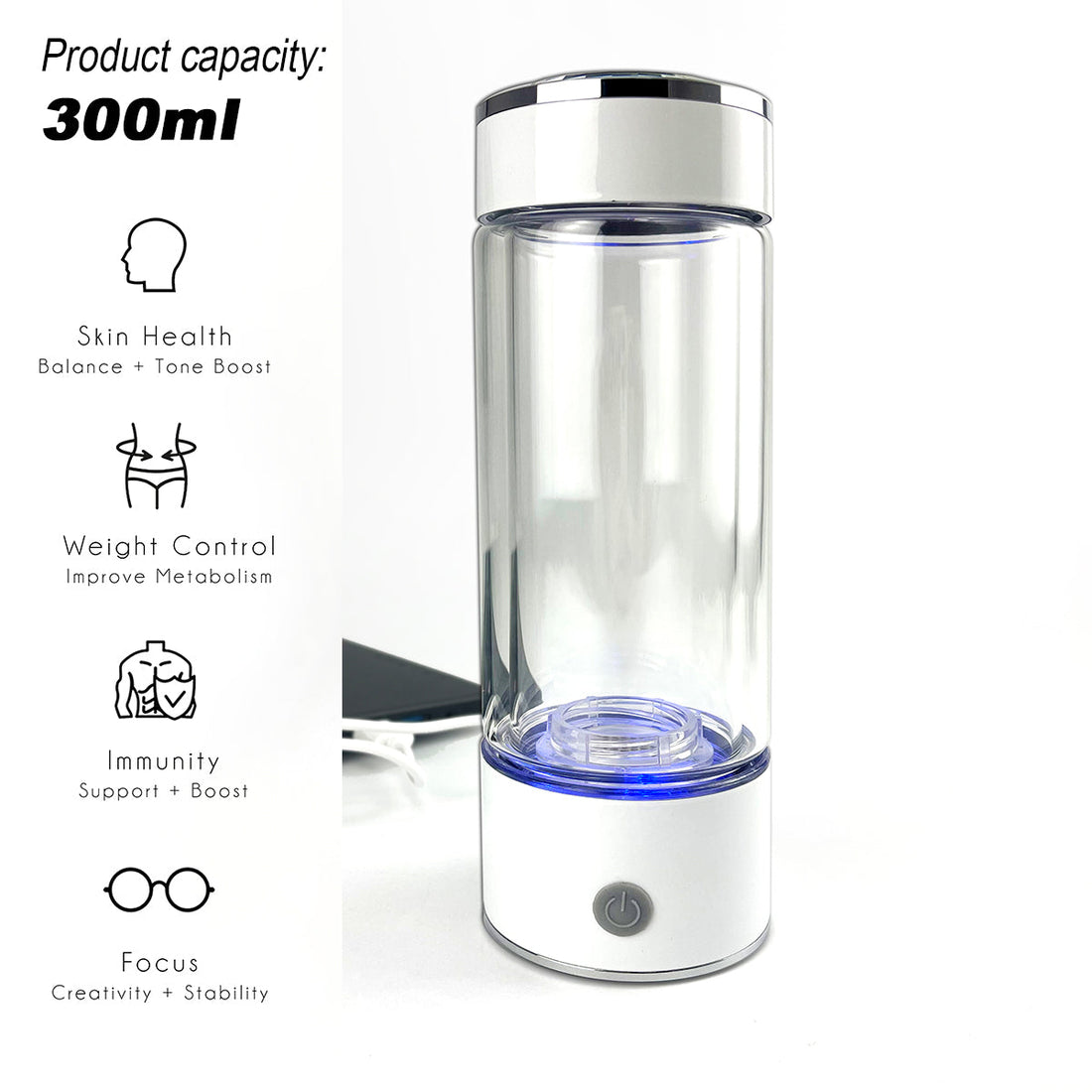 H2 Hydrogen Water Bottle 300ml Alkaline Ionizer Rechargeable Borosilicate Glass