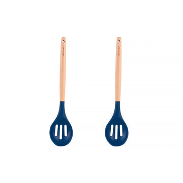 2-Piece Beechwood and Silicone Slotted Spoon Navy Heat Resistant
