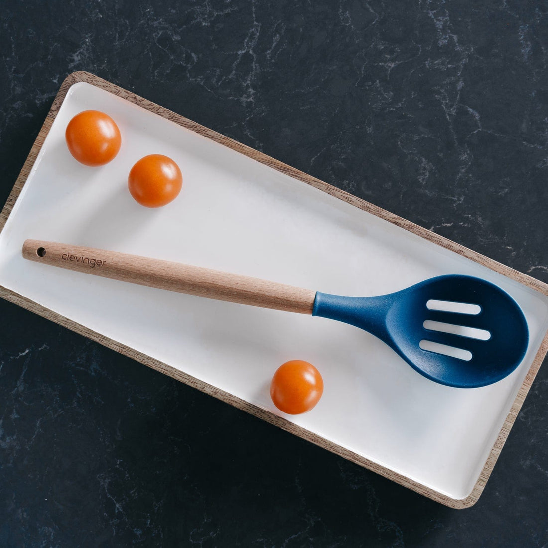 2-Piece Beechwood and Silicone Slotted Spoon Navy Heat Resistant