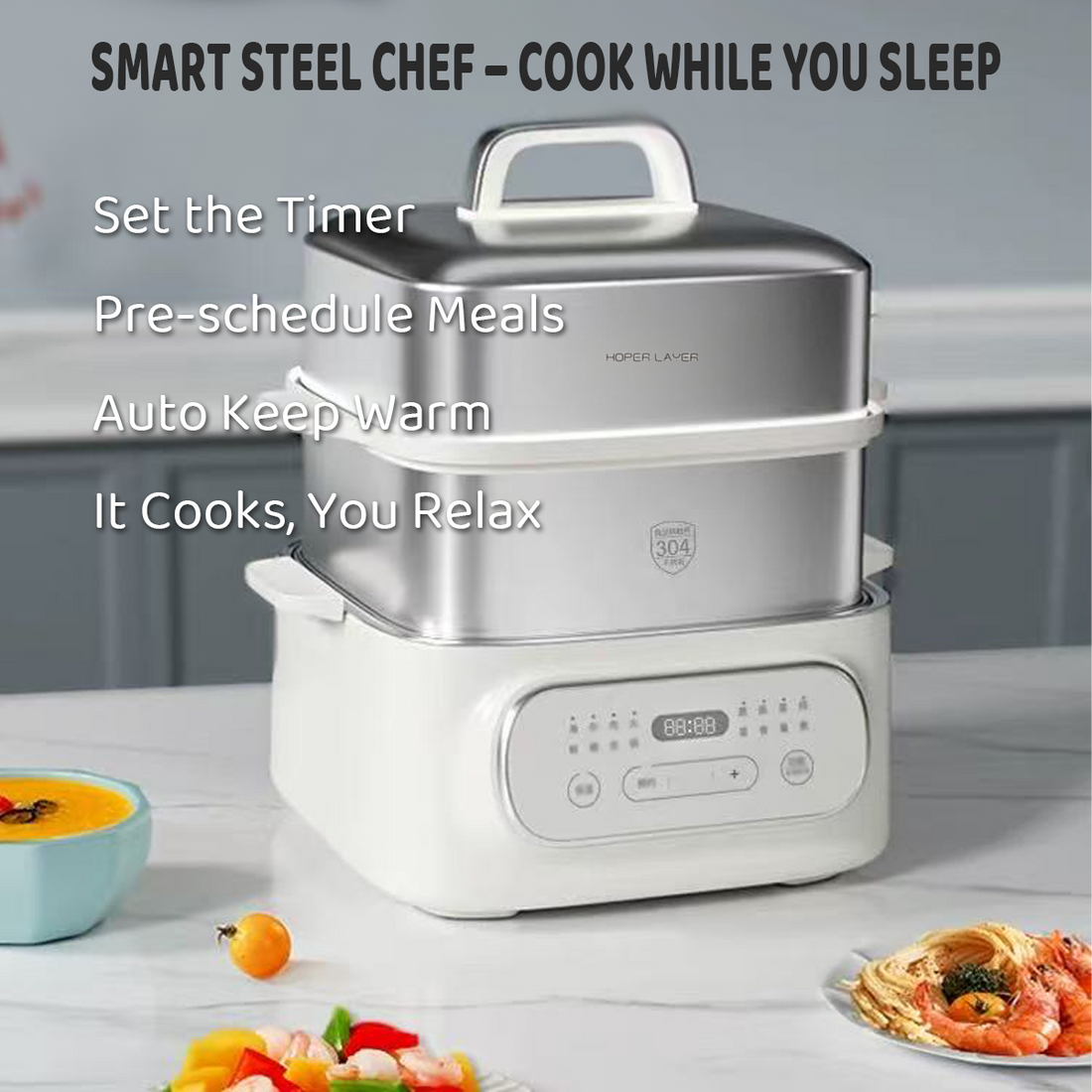 Hoper Multi-Function Steamer 9.3L Stainless Steel 3-Tier Stackable
