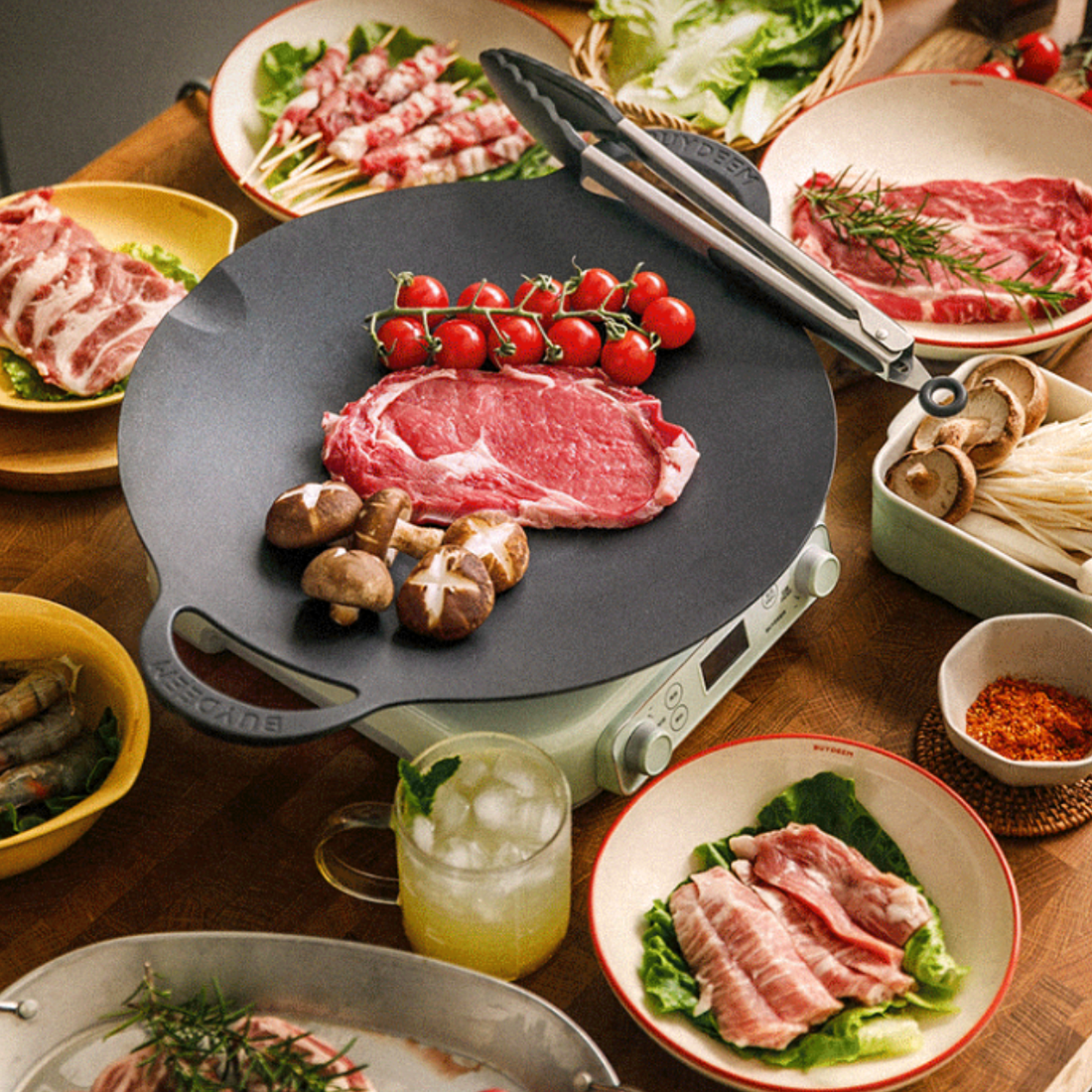 Buydeem Nonstick BBQ Griddle Pan 36cm Cast Aluminum Indoor Outdoor