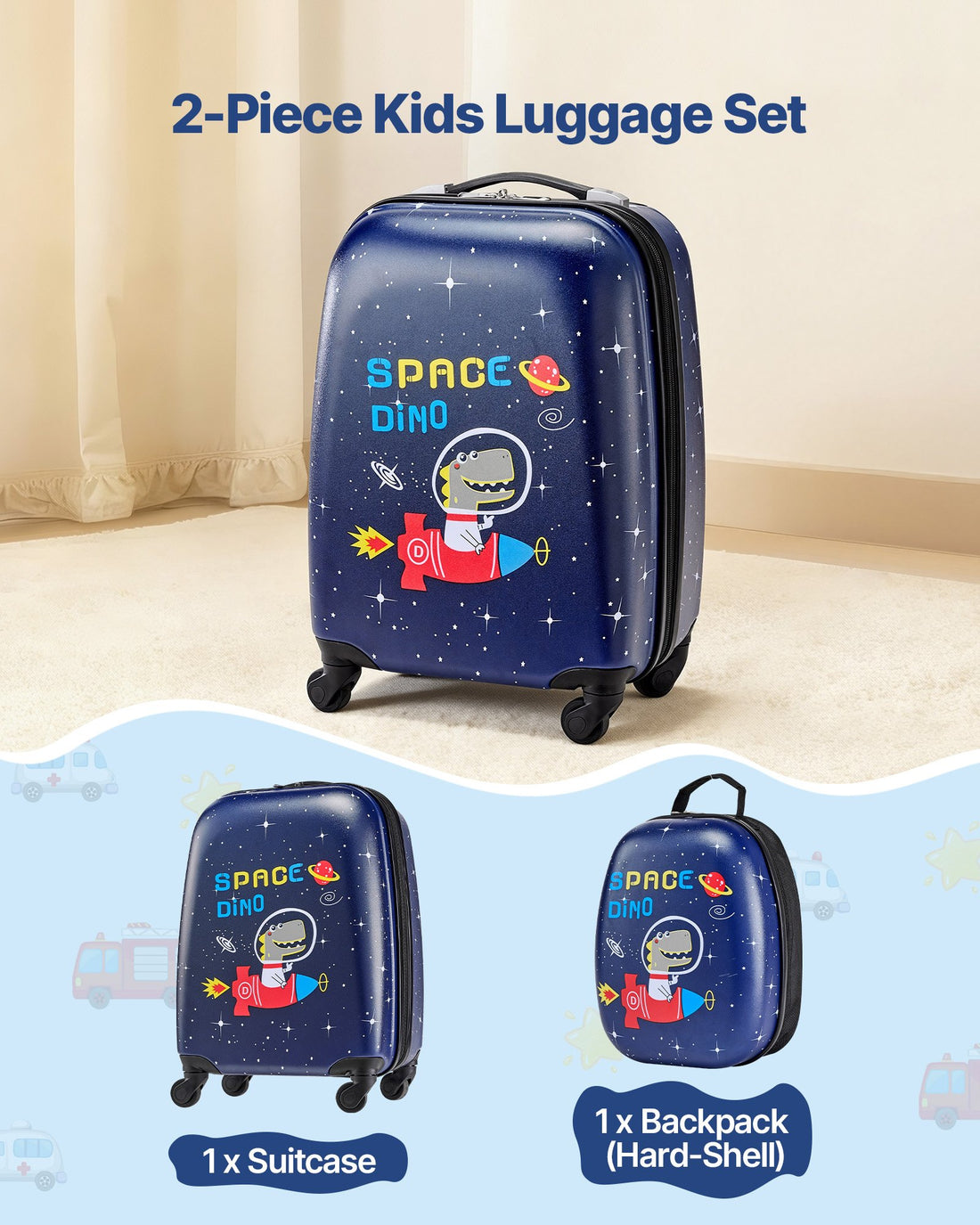 Kids Hardside Rolling Suitcase 45cm with Backpack Dinosaur