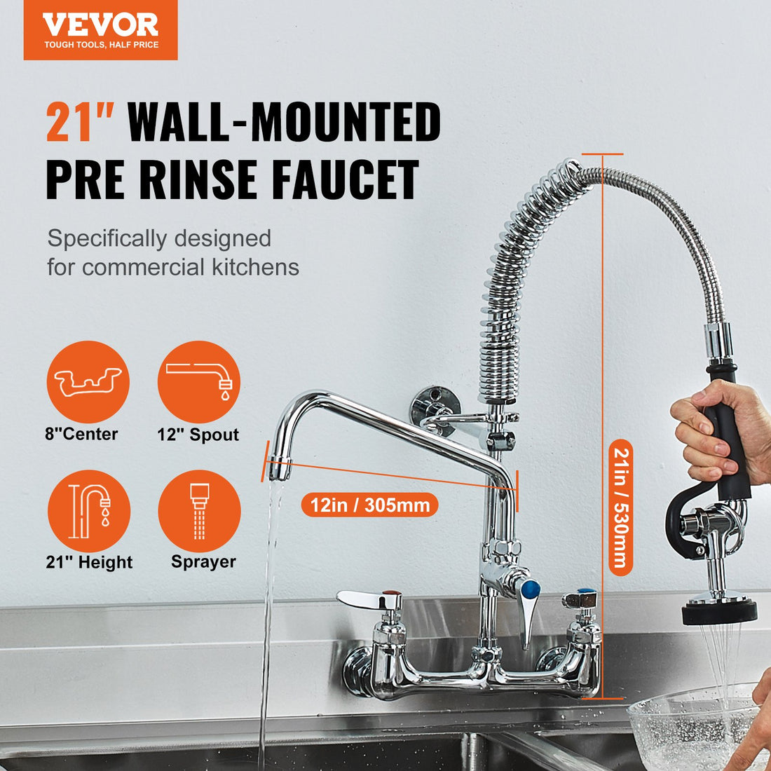 Vortaz Commercial Pre-Rinse Kitchen Faucet Brass Wall Mount 21in