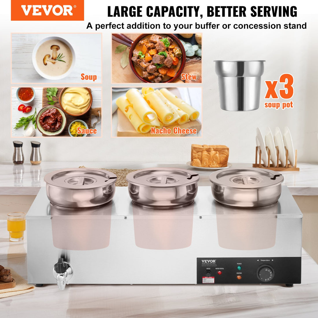 Commercial Soup Warmer 3x 7.4QT Stainless Steel Bain Marie 1200W