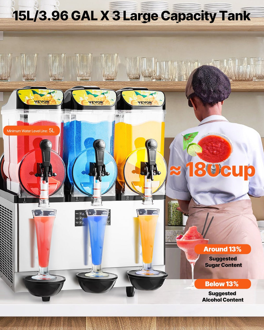 Commercial Slushy Machine 45L Triple Tank Stainless Steel 180 Cups