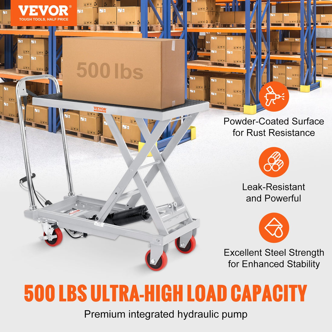 VEVOR Hydraulic Lift Table Cart 500lbs Capacity Scissor Lift 28.5 inch Gray
