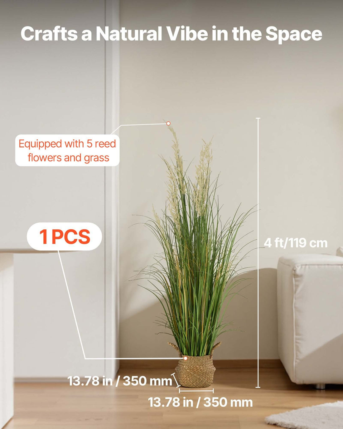 Vortaz Artificial Potted Reed Grass Plant Green 119cm