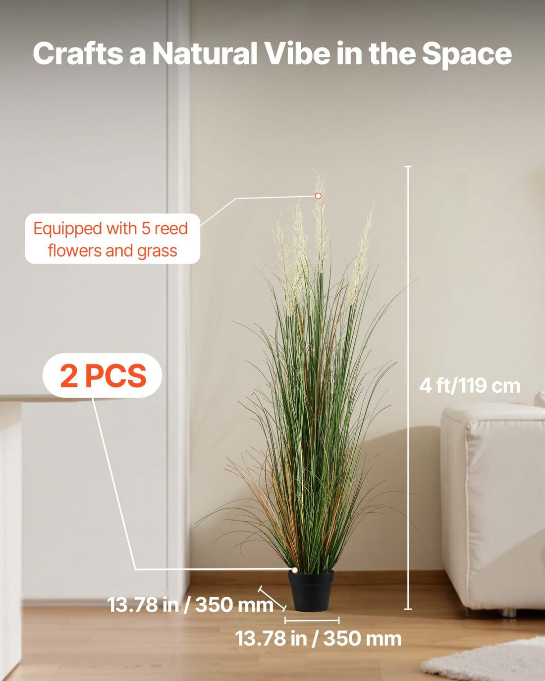 Vortaz Artificial Potted Reed Grass Plant 2 Pack Green 119cm