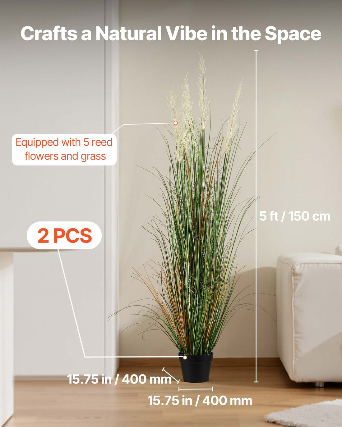 Vortaz Artificial Plant 2 Pack Potted Grass 1499mm Green PVC