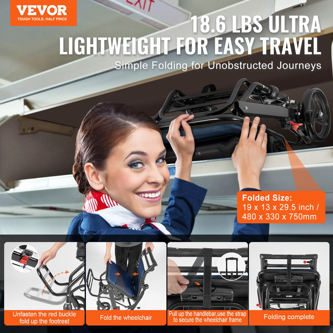 Ultra Lightweight Aluminum Transport Wheelchair Foldable 220lbs Flip Back Arms