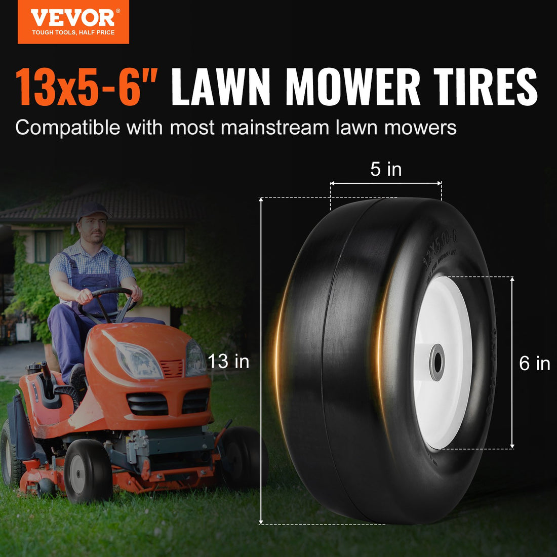 Flat-Free Lawn Mower Tire 13x5-6 with Rim 2-Pack