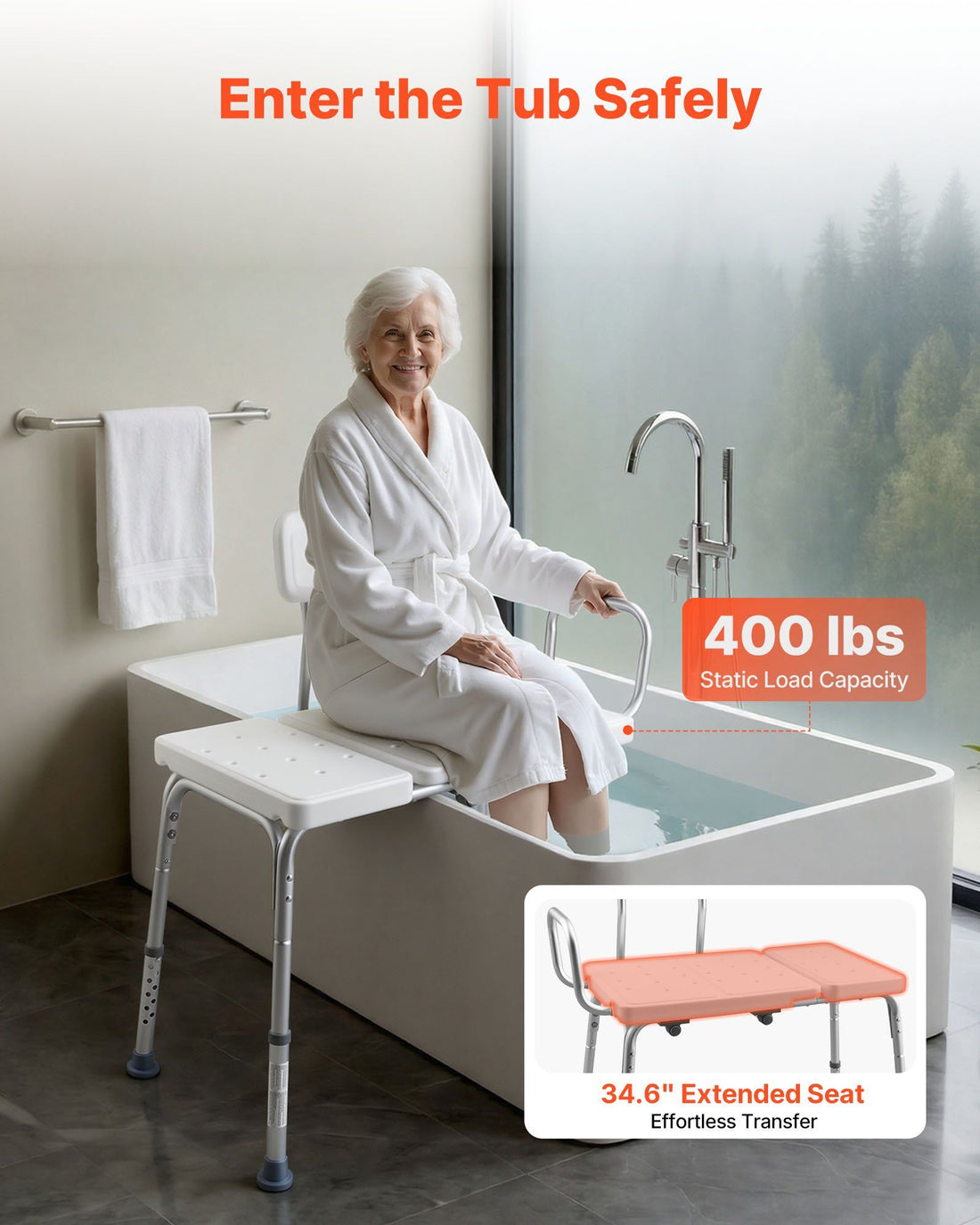 Heavy Duty Tub Transfer Bench with Arm Backrest 180kg Adjustable Height