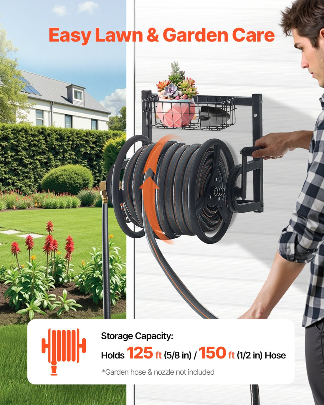 Wall Mounted Metal Garden Hose Reel 125FT 5/8-inch Brass Fittings