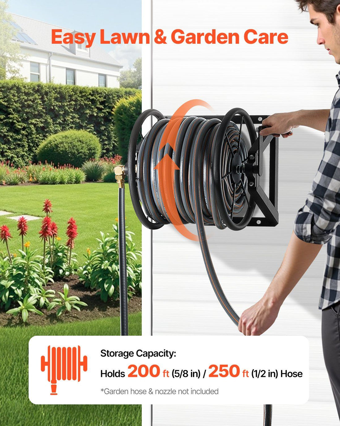 Wall Mounted Steel Garden Hose Reel 200ft 5/8 inch Brass Fittings