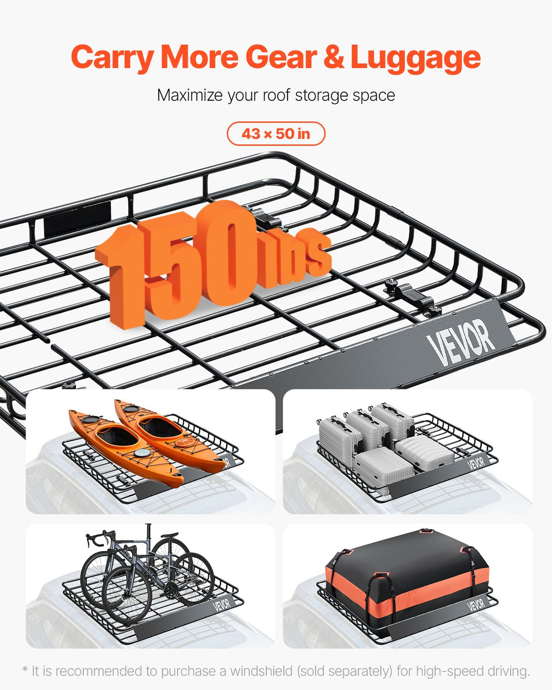 Roof Rack Cargo Carrier 43 x 50 inch Alloy Steel Luggage Holder 150lb
