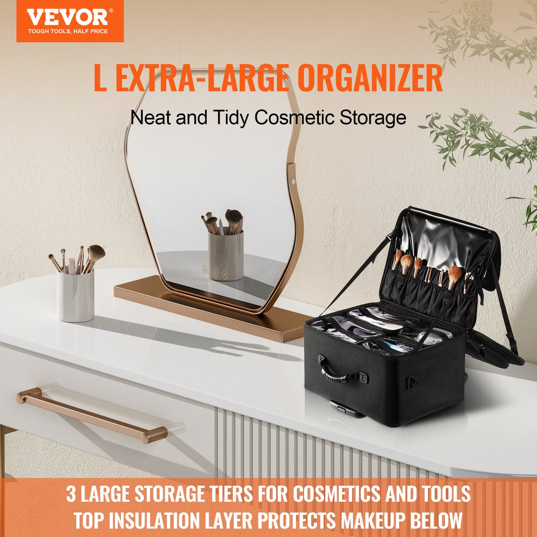 Vortaz Rolling Makeup Train Case 3 Tier Storage Organizer with Wheels Handle Strap Black